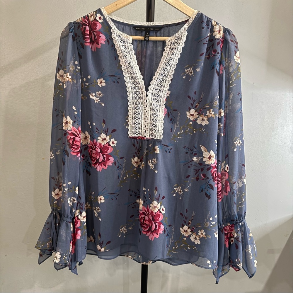 White House Black Market Blue Floral Lace-Trim Blouse